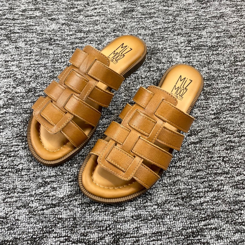 Miz Mooz Womens 37 Tan Brown Leather Slide Sandals Strappy PRIMM Comfort Shoes